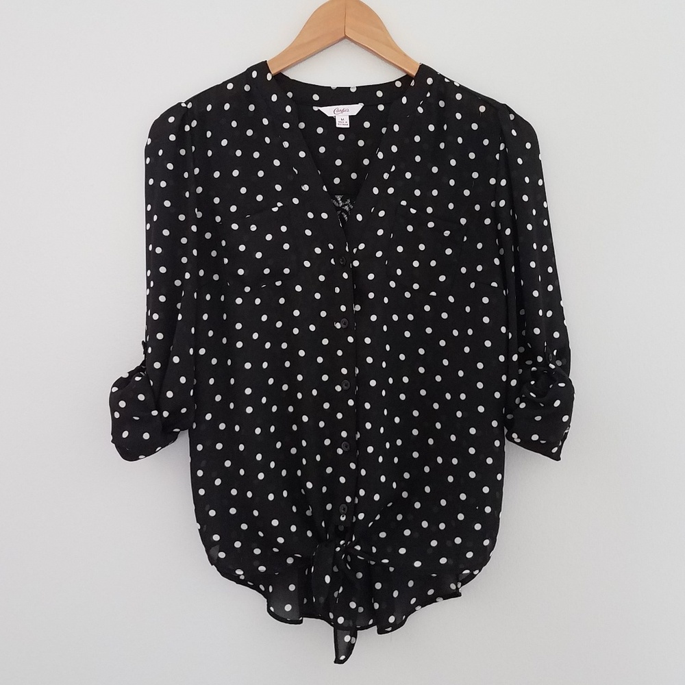 Candies black polka dot blouse tie bottom medium